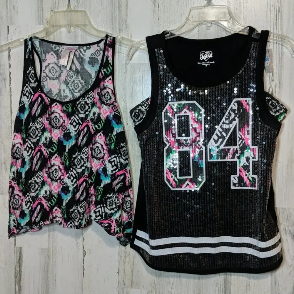 JUSTICE Girls 18 Bundle Black Tank Tops Sequin Lot XXL